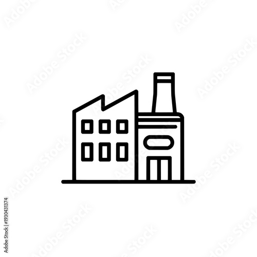 Pharmaceutical factory with pill icon. Medicine production sign and symbol. Healthcare industry concept. Vector illustration isolated on white background.