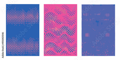 Three vertical panels displaying abstract halftone dot patterns in vibrant hues
