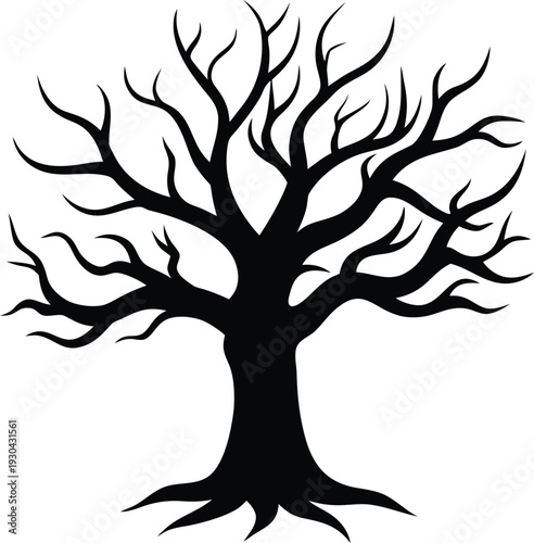 Black silhouette of a bare tree with spreading branches on a transparent background