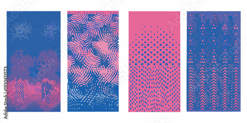 Four vertical panels with abstract halftone dot and line patterns