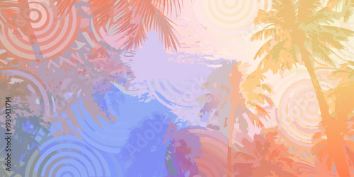 Abstract tropical scene with palm trees and swirling circular patterns