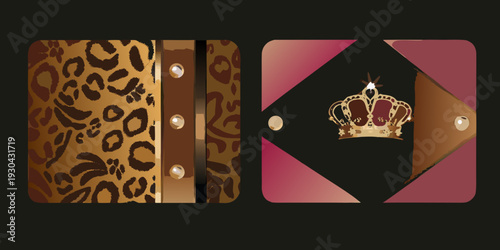 Elegant card designs featuring animal print gold buttons and a crown