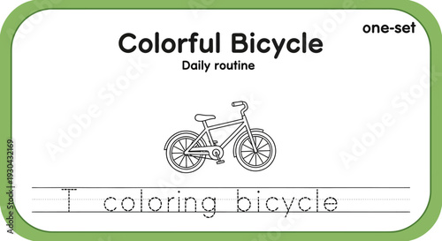 Children's Coloring Page: Colorful Bicycle with Tracing Text