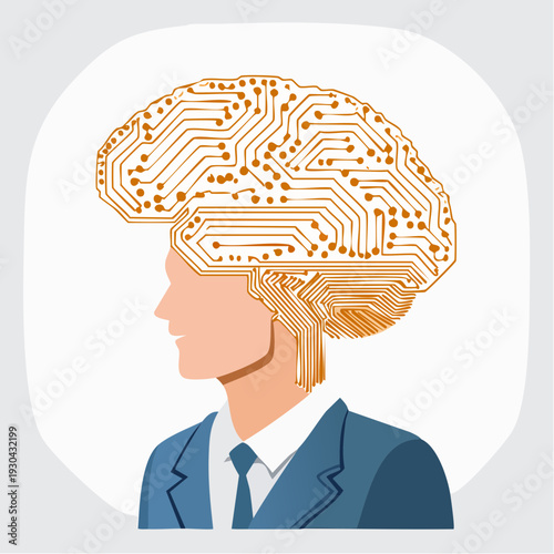 A profile view of a businessman with a brain composed of circuit boards