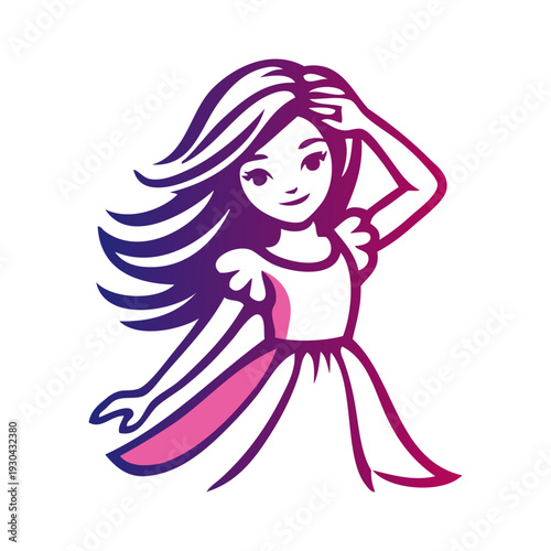 Logotipo de boutique de moda femenina. Dibujo sencillo con líneas de una niña con la mano en el cabello con un vestido, vista de frente 