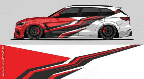 Dynamic stylized race car with red black graphics wrap design and modern vector art.