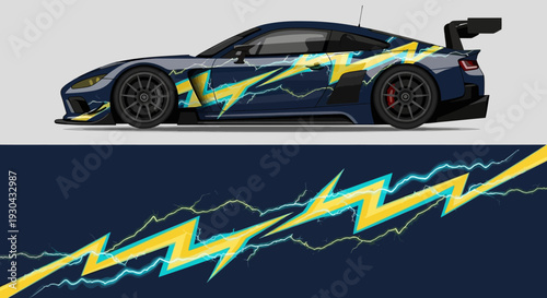 High contrast blue lightning graphics on a sporty racecar with dynamic design.