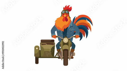 A Cool Rooster Wearing a Jacket and Goggles Riding a Motorcycle with a Sidecar