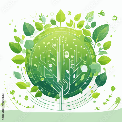 Circuit board tree with leaves and wires, symbolizing eco-friendly technology, viewed from the front