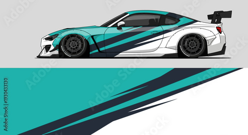 Sleek white race car with teal racing stripes in a dynamic side profile.