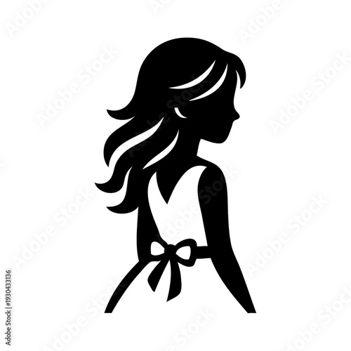 Logotipo de boutique de moda femenina. Dibujo sencillo con líneas de una niña con un vestido, vista de espaldas 