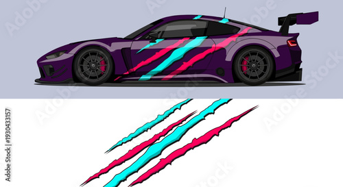 Sleek purple race car with vibrant stripe design and abstract paint scratches.