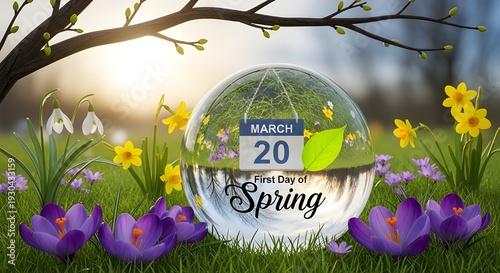 First day of spring in a crystal ball surrounded by blooming flowers
