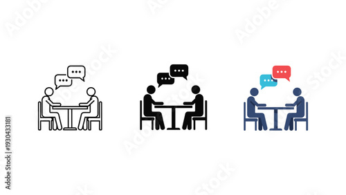 Business team discussion with speech bubbles in modern office meeting room flat design vector illustration