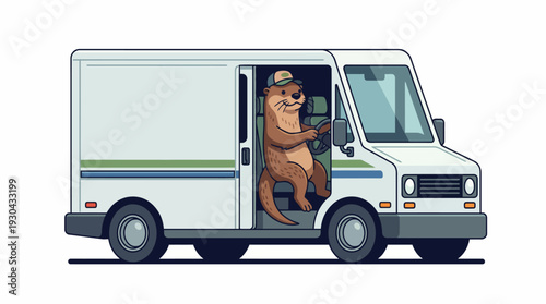 A cheerful anthropomorphic otter, dressed in a professional delivery uniform and cap, confidently drives a clean white parcel delivery van, symbolizing efficient and friendly service