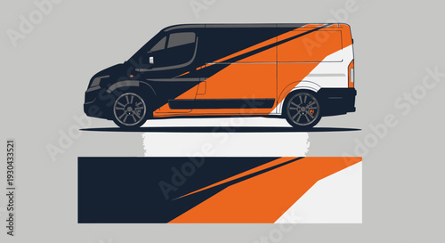 Vibrant orange and black geometric graphic wrap on delivery van with modern styling.