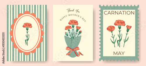 Mothers Day Cute Greeting Cards with Stamp Cameo Carnations in Vintage Retro Style. Floral Background or Banner with Flowers Grunge Texture. Trendy Modern Cards with Mothers Day Symbol. Vector