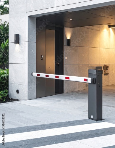 Modern building entrance featuring an automated boom barrier and stylish exterior lighting.