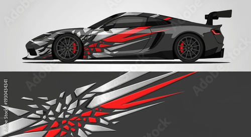 Sleek black and red sports car featuring bold abstract graphic design across the body.