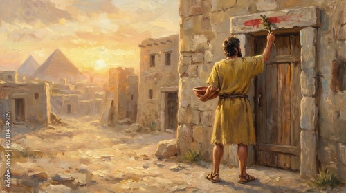 An ancient man applies blood to a doorframe in a village at sunset, with pyramids in the distance, depicting the Passover story.