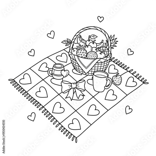 A romantic picnic setup with a fruit basket, two cups, and a gift on a heart-patterned blanket