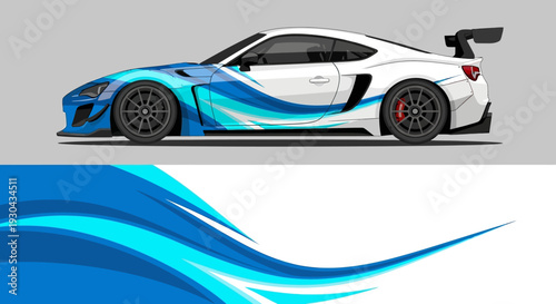 Sleek blue and white race car with dynamic graphic design and racing details.