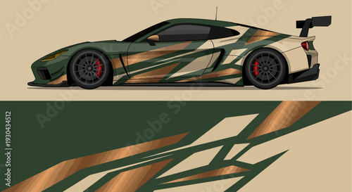 Sleek green racing car with gold camouflage design and bold rear wing.