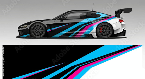Sleek racing car with vibrant blue and pink graphic livery on a white backdrop.