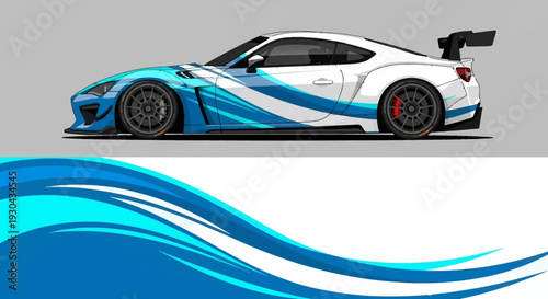 Sleek blue and white race car with aerodynamic styling and dynamic graphics for high-speed impact.