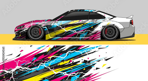 Colorful abstract graffiti style race car speeding on a track.