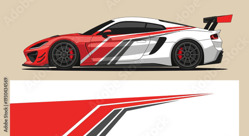 Sleek red and white race car illustration with bold graphic lines and dynamic motion.