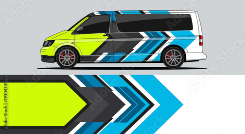 Vibrant geometric van with bold arrow graphics and colorful branding.