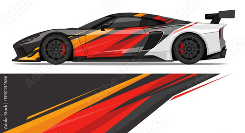 Sleek racing car with bold red and yellow graphic decals in side profile view and dynamic styling.