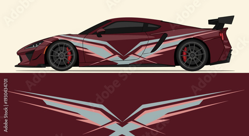 Low profile red sports car with racing decals and aerodynamic sleek design.