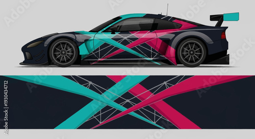 Sleek sports car with neon geometric wrap design and vibrant color accents on a gray backdrop.