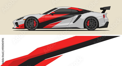 Sleek white racecar with bold red and black decals in a dynamic street race illustration.