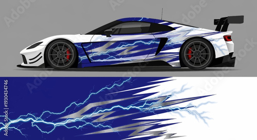 Sleek blue and white race car with lightning pattern and aerodynamic design.