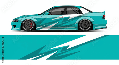 Stylized teal sports car illustration with dynamic lines and sleek profile.