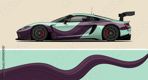 Stylized purple teal sports car with flowing curves and mint background, bold vector illustration.