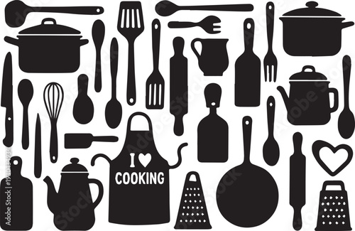 Black silhouette of kitchen utensils cookware and apron with I love cooking text illustration symbolizing culinary tools and food design