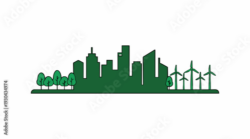 Green City Skyline Silhouette With Trees And Wind Turbines Symbolizing Renewable Energy And Urban Sustainability