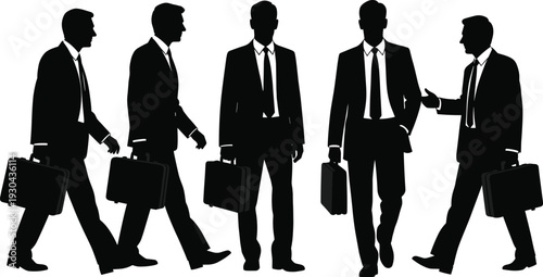 Businessmen silhouette set walking with briefcase isolated on white background, professional corporate men in suit collection, business meeting and office lifestyle vector illustration