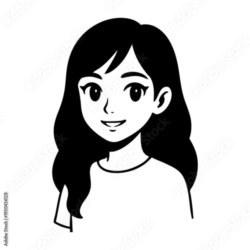 Dibujo sencillo con líneas de una chica joven alegre sonriente con camiseta de manga corta 