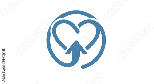 Blue heart shape with arrow in circular motion symbolizing love and growth on white background