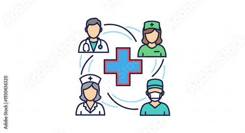 Medical professionals teamwork concept with doctor nurse and healthcare workers around a red cross symbol