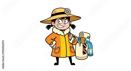 Cartoon Pilgrim Girl with Luggage.