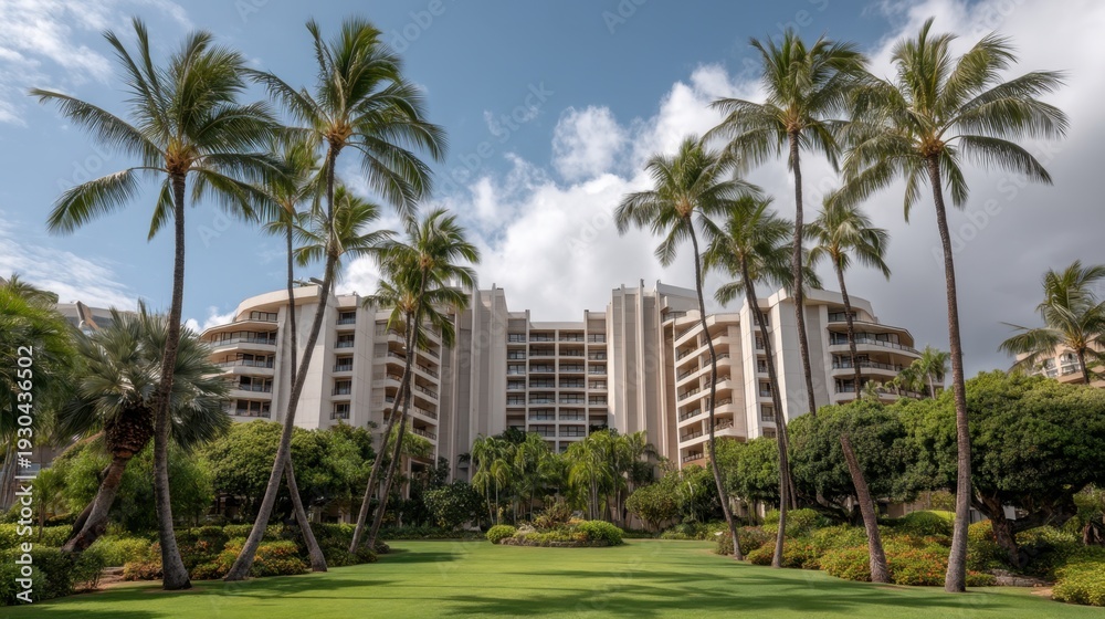 Fototapeta premium Scenic view of a tropical resort surrounded by lush greenery and palm trees, perfect for vacation imagery and travel promotions in sunny destinations