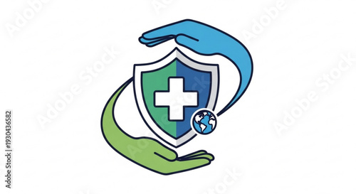 Hands shielding a medical cross on a shield with a globe symbolizing protection and healthcare