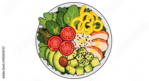 Vibrant mixed salad bowl with fresh vegetables avocado and seeds on a white background healthy eating concept