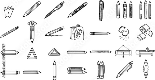 Hand-Drawn Illustration Collection: Pencils, Pens, Sharpeners, Erasers and Stationery Items